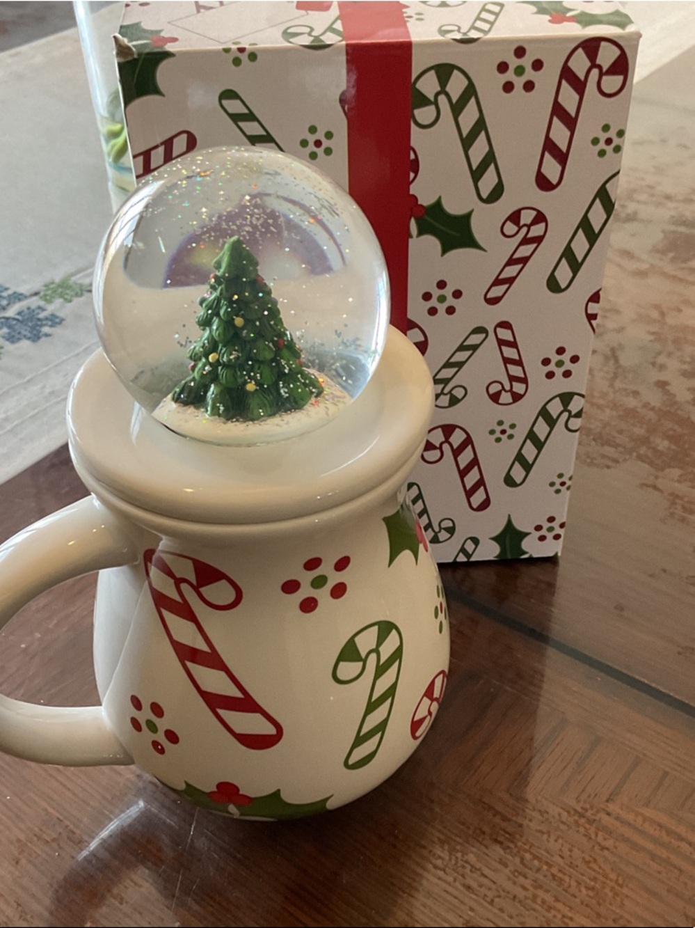 Temptations White Ceramic Candy Cane Mug with Snow Globe Lid